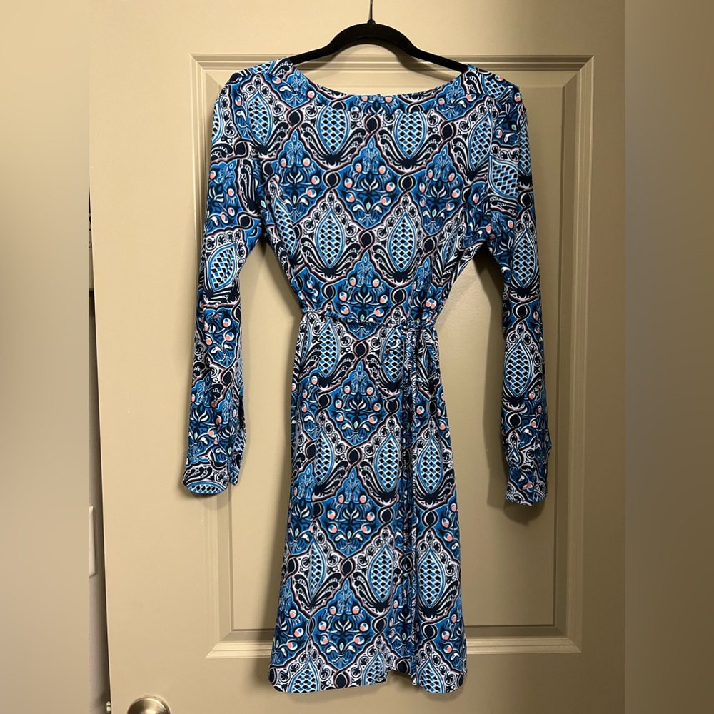 Loft Blue Pattern Belted Long-Sleeve Shirt Dress Size Small